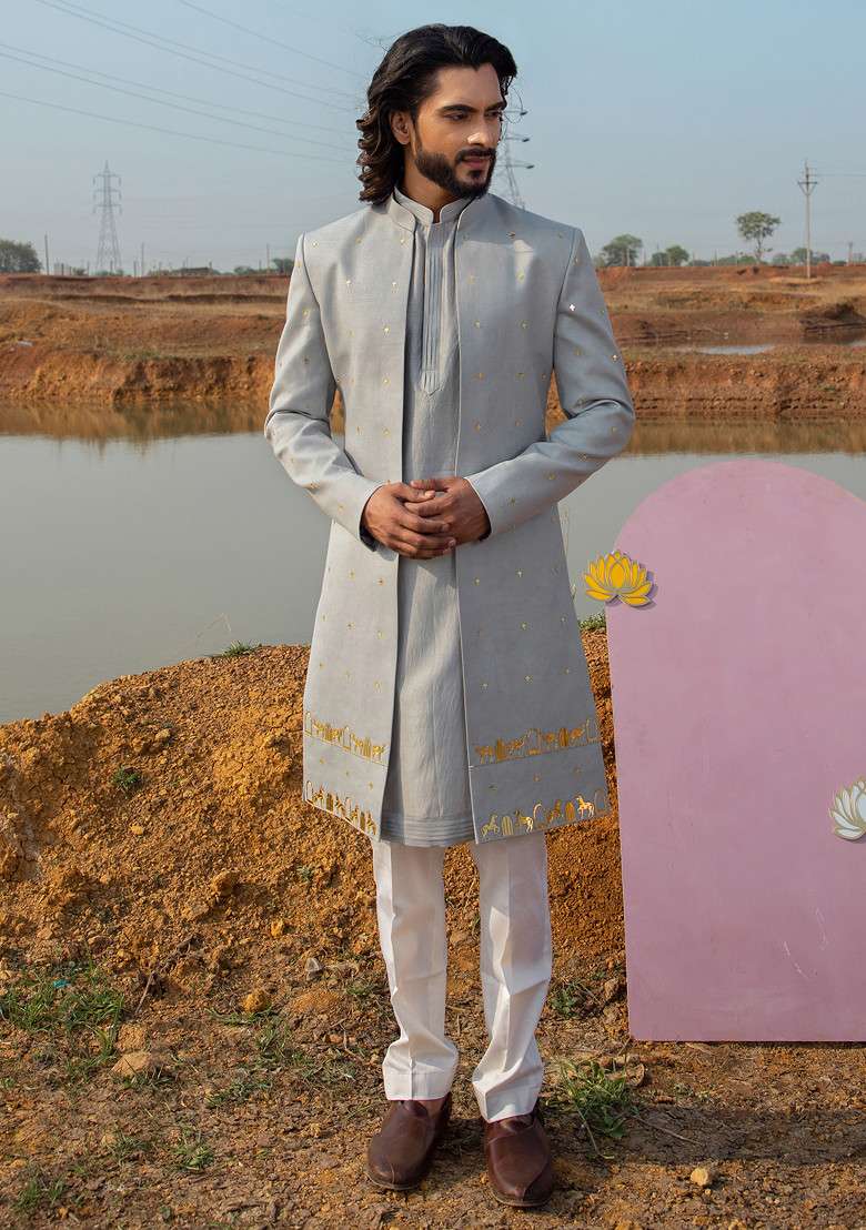 Grey Cut Pipe Embellished Sherwani Set For Men - Indya