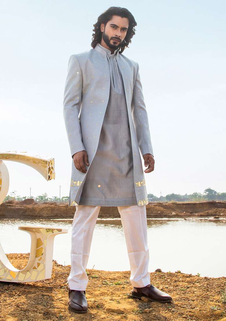 Grey Cut Pipe Embellished Sherwani Set For Men - Indya