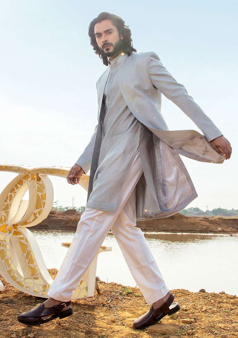 Grey Cut Pipe Embellished Sherwani Set For Men - Indya