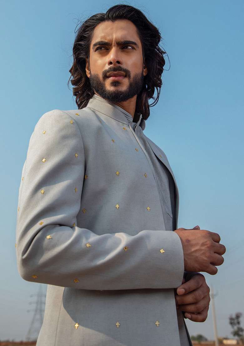 Grey Cut Pipe Embellished Sherwani Set For Men - Indya