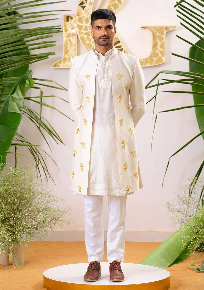 Ivory Cut Pipe Embellished Silk Blend Sherwani Set For Men - Indya