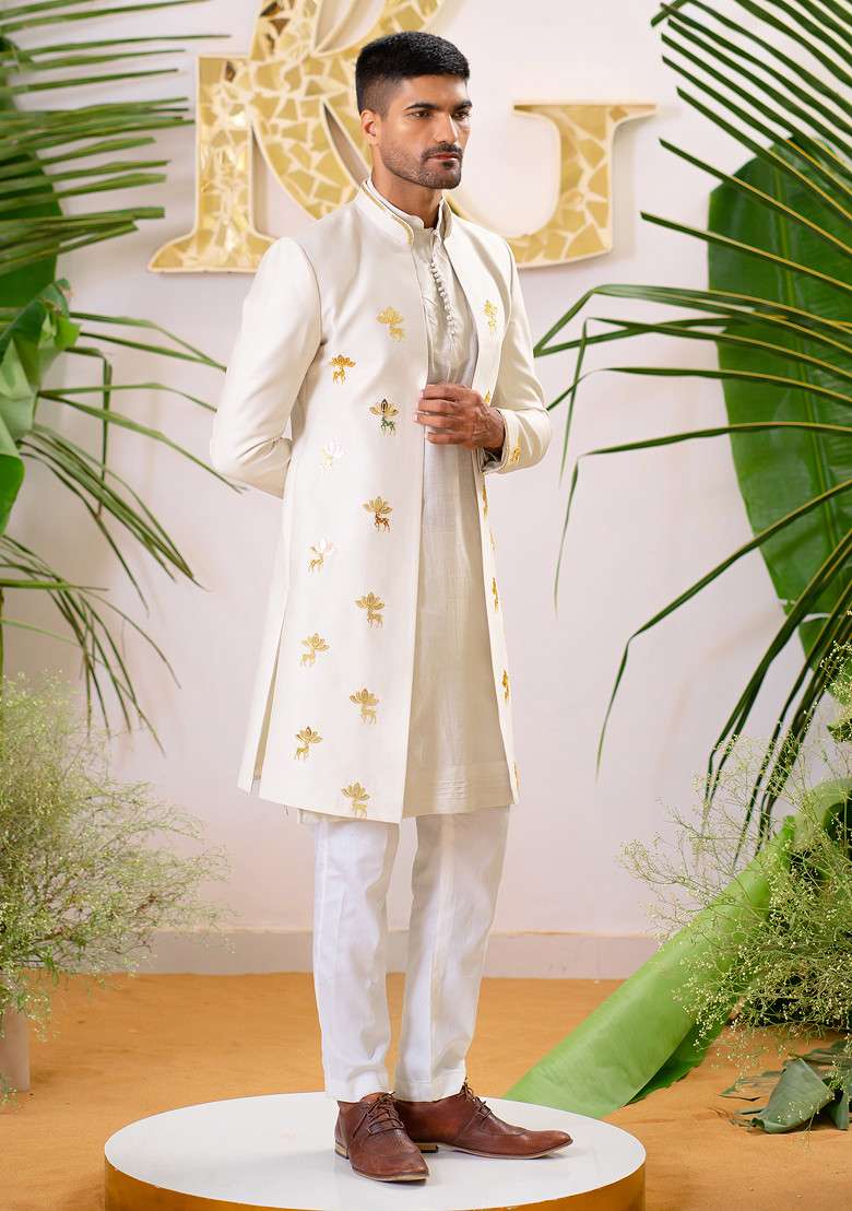 Ivory Cut Pipe Embellished Silk Blend Sherwani Set For Men - Indya