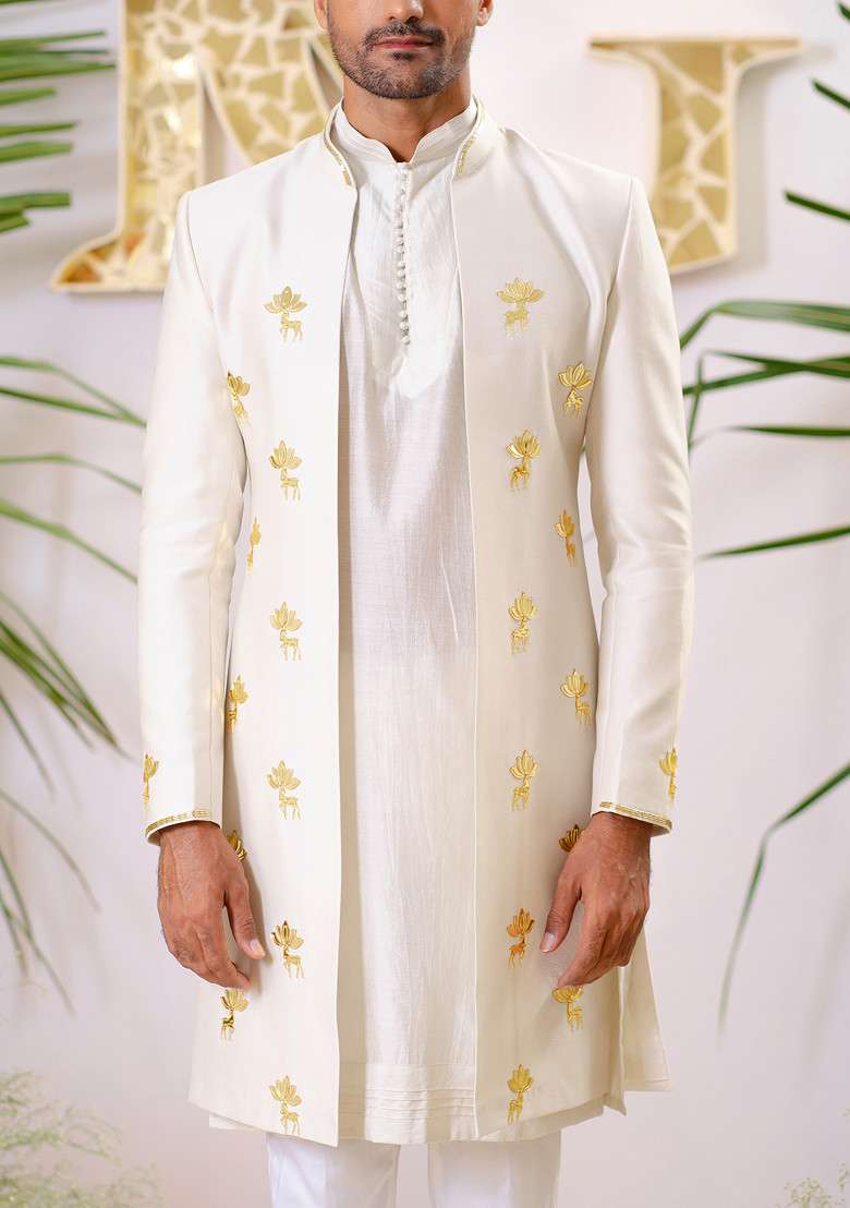 Ivory Cut Pipe Embellished Silk Blend Sherwani Set For Men - Indya