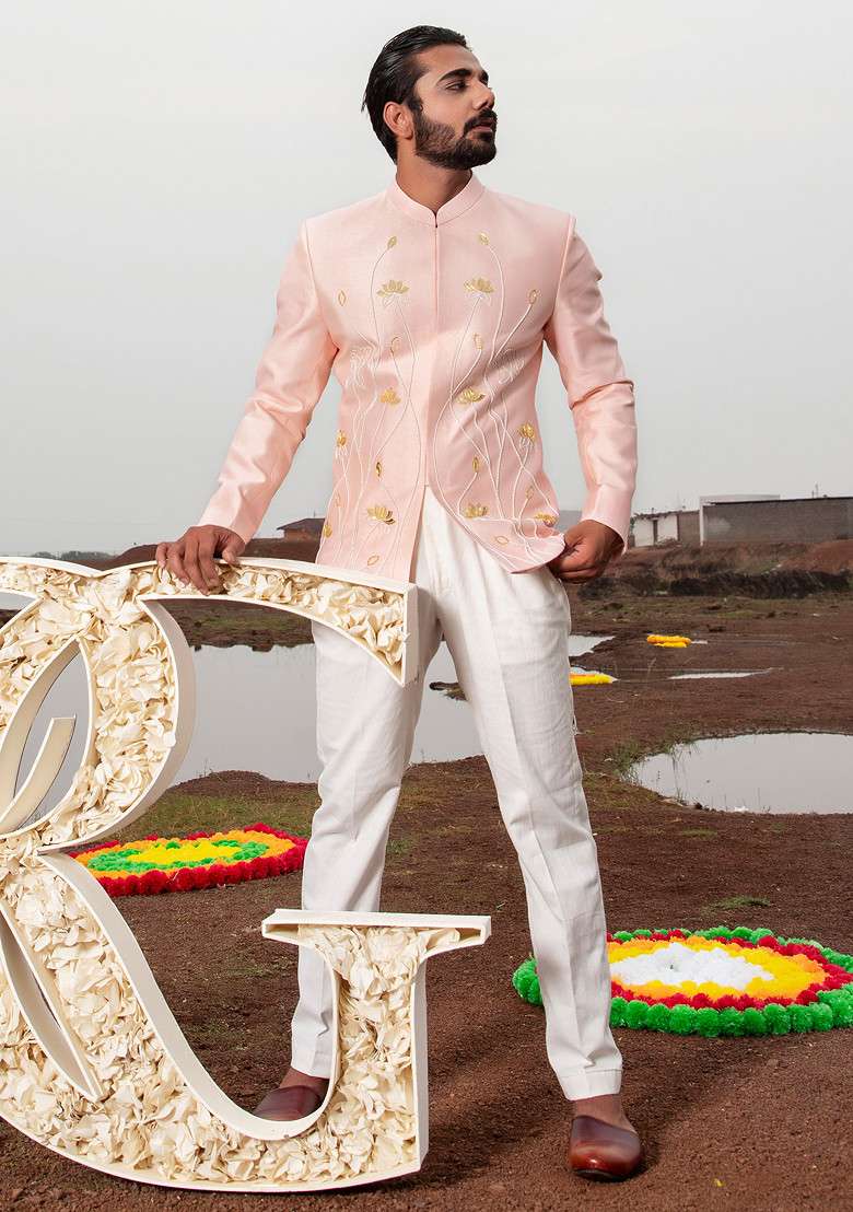 Soft Pink Cut Pipe Embellished Jodhpuri Set For Men - Indya