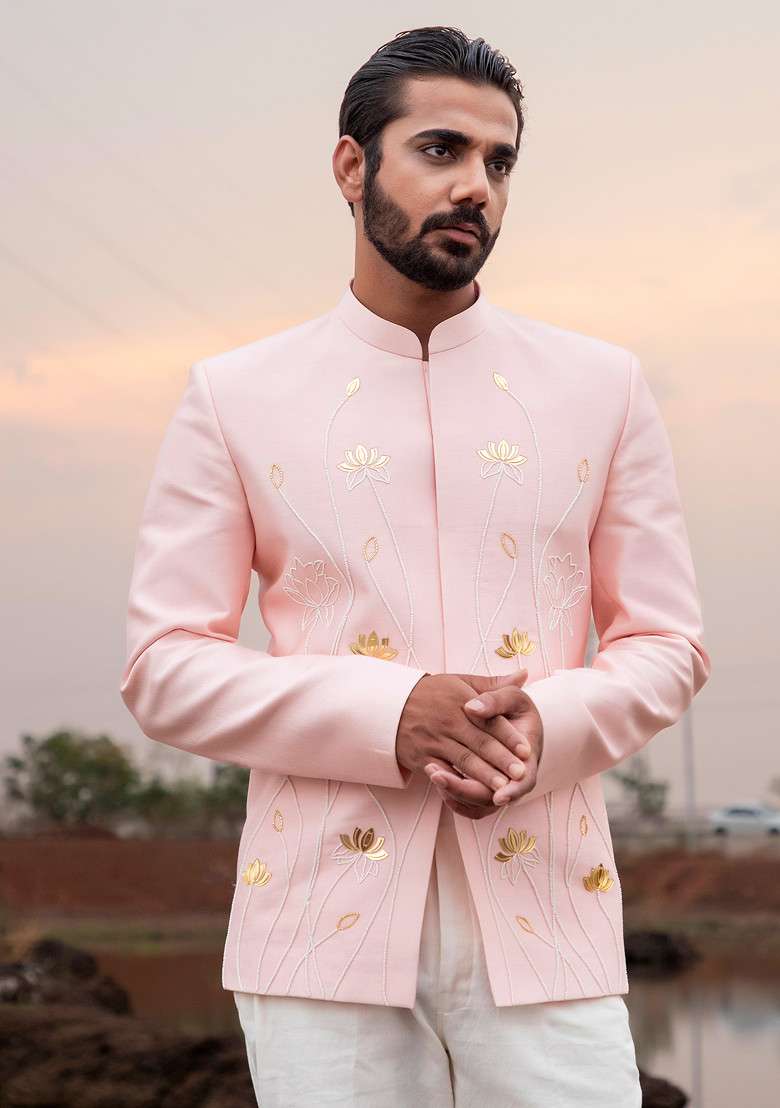 Soft Pink Cut Pipe Embellished Jodhpuri Set For Men - Indya