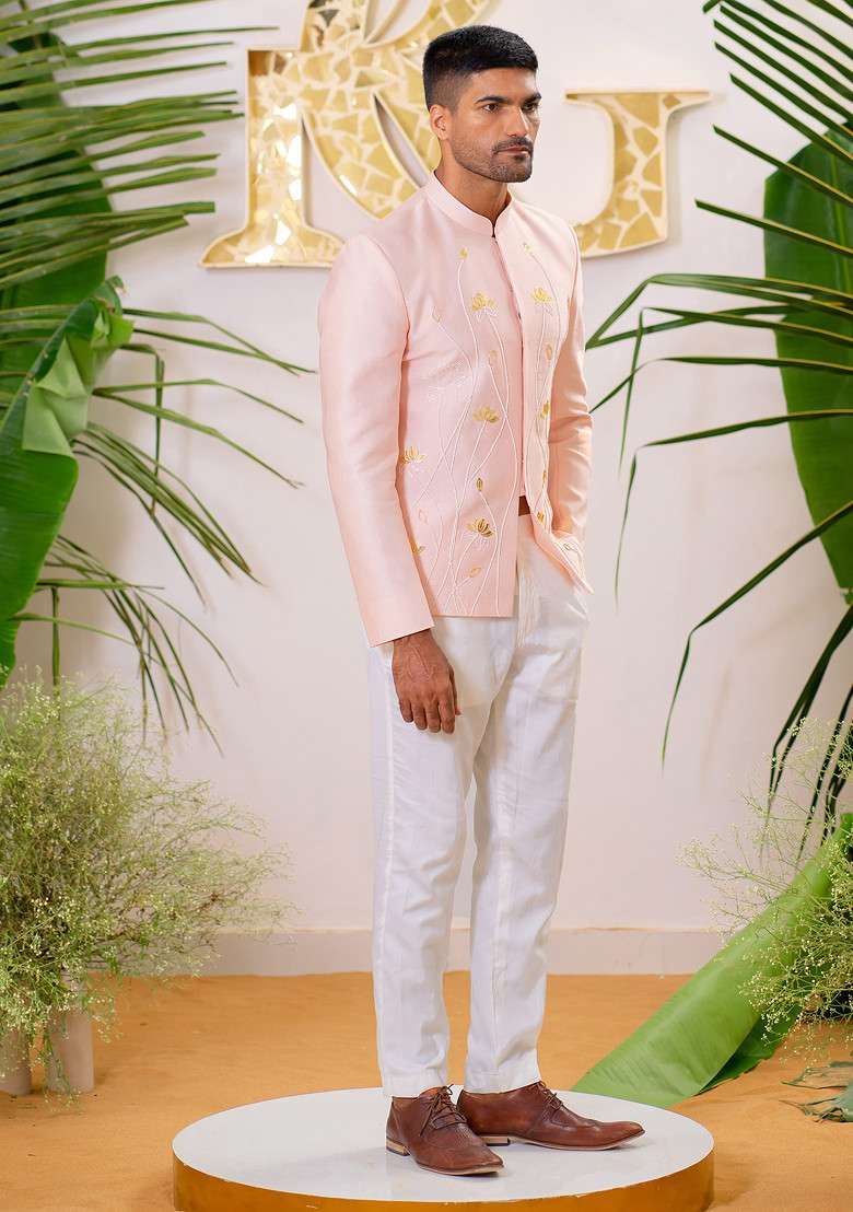Soft Pink Cut Pipe Embellished Jodhpuri Set For Men - Indya