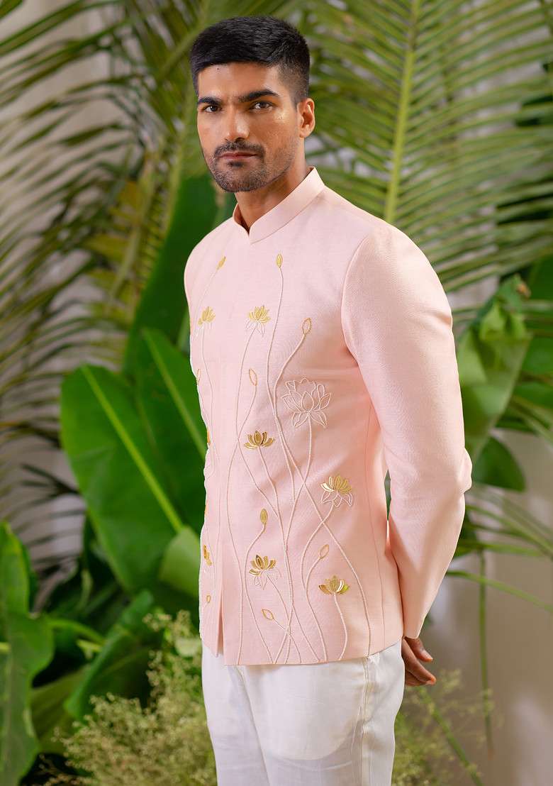 Soft Pink Cut Pipe Embellished Jodhpuri Set For Men - Indya