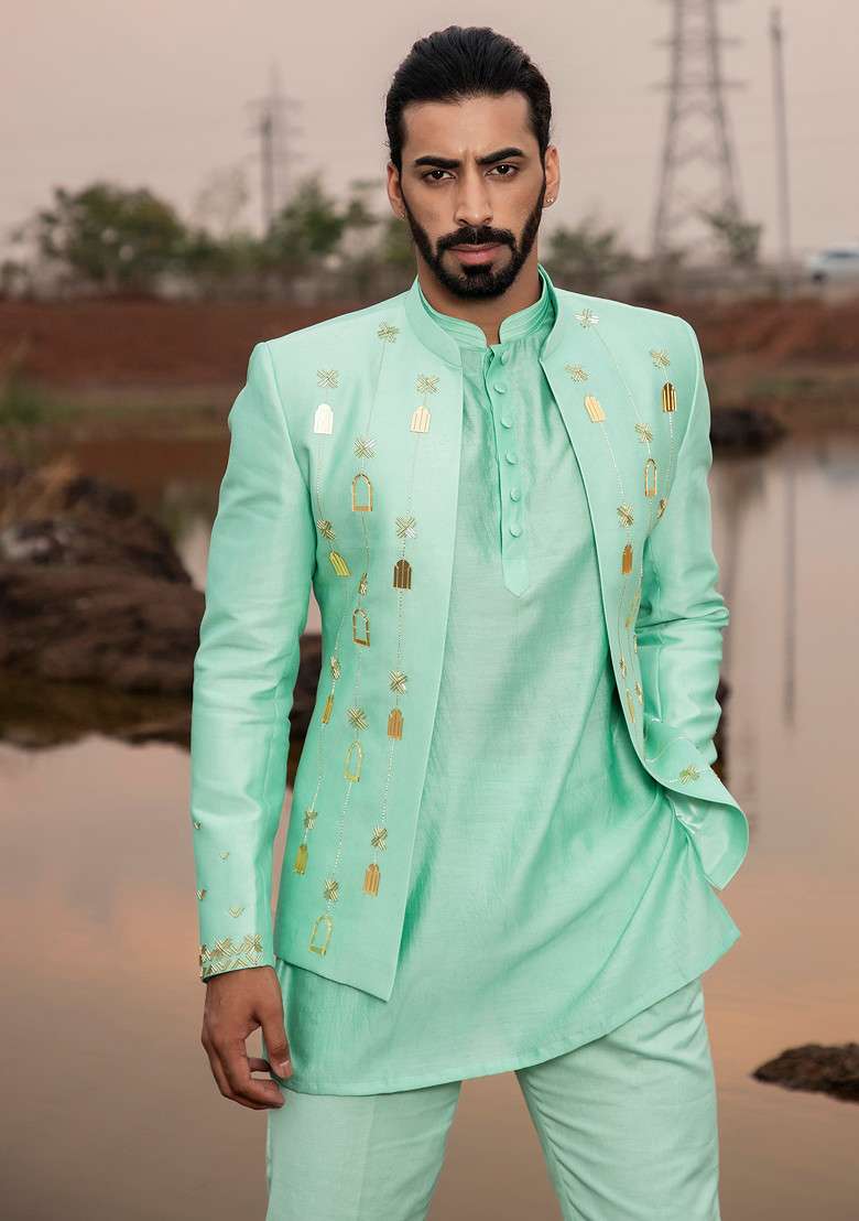 Mint Khidki Embroidered Jodhpuri Set For Men - Indya