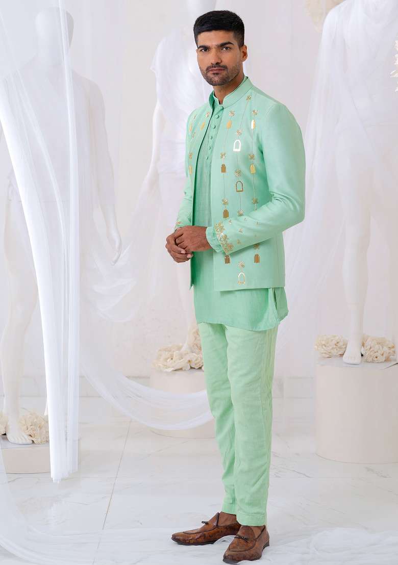 Mint Khidki Embroidered Jodhpuri Set For Men - Indya
