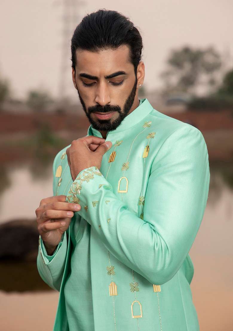 Mint Khidki Embroidered Jodhpuri Set For Men - Indya