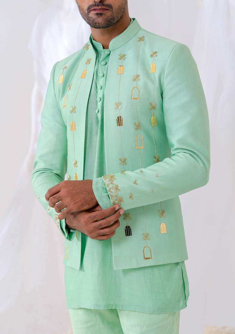 Mint Khidki Embroidered Jodhpuri Set For Men - Indya