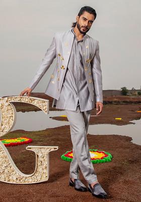 Grey Khidki Embroidered Jodhpuri Set For Men
