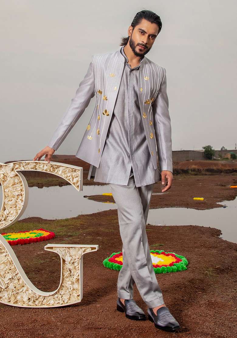 Grey Khidki Embroidered Jodhpuri Set For Men - Indya