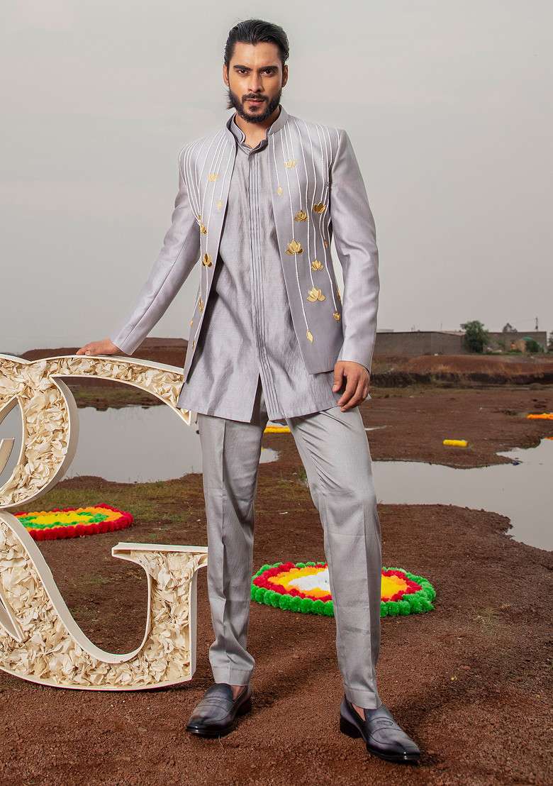Grey Khidki Embroidered Jodhpuri Set For Men - Indya