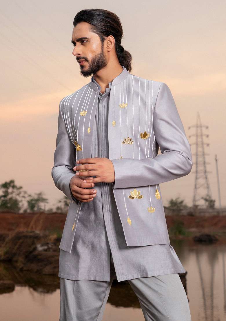 Grey Khidki Embroidered Jodhpuri Set For Men - Indya