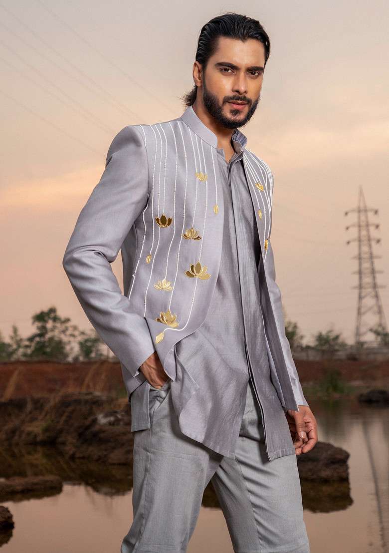 Grey Khidki Embroidered Jodhpuri Set For Men - Indya
