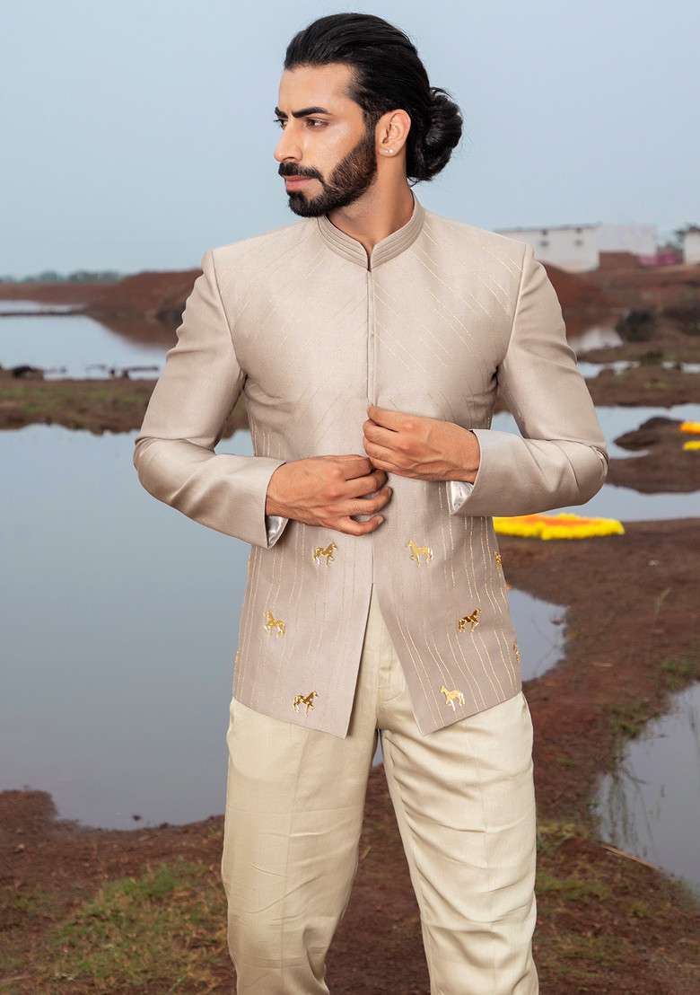 Khaki Hand Embroidered Vegan Silk Blend Jodhpuri Set For Men - Indya