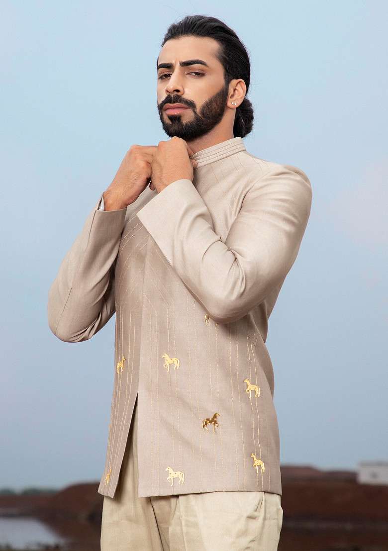 Khaki Hand Embroidered Vegan Silk Blend Jodhpuri Set For Men - Indya