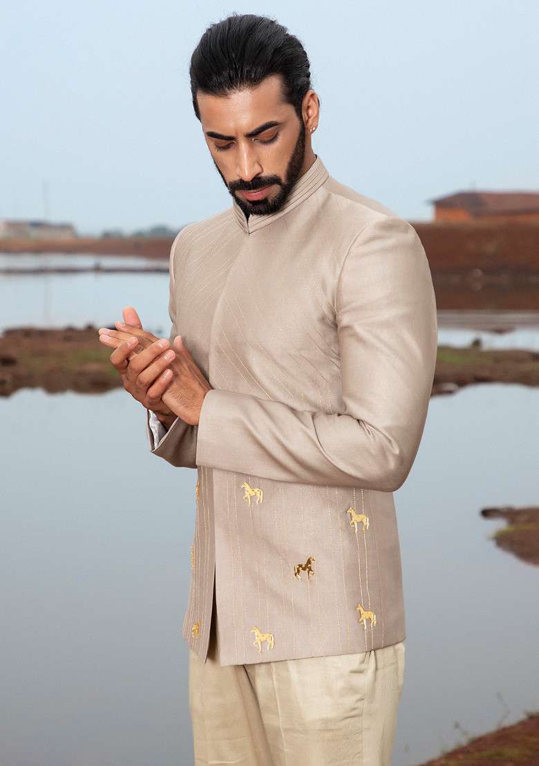Khaki Hand Embroidered Vegan Silk Blend Jodhpuri Set For Men - Indya