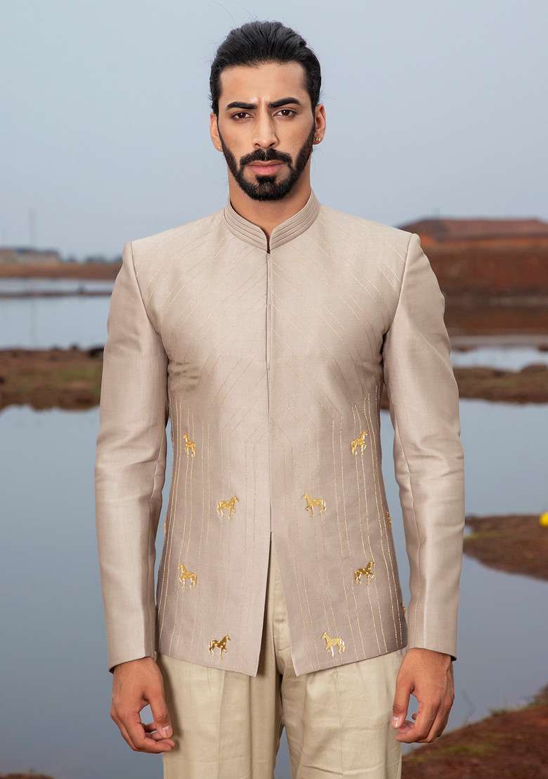 Khaki Hand Embroidered Vegan Silk Blend Jodhpuri Set For Men - Indya