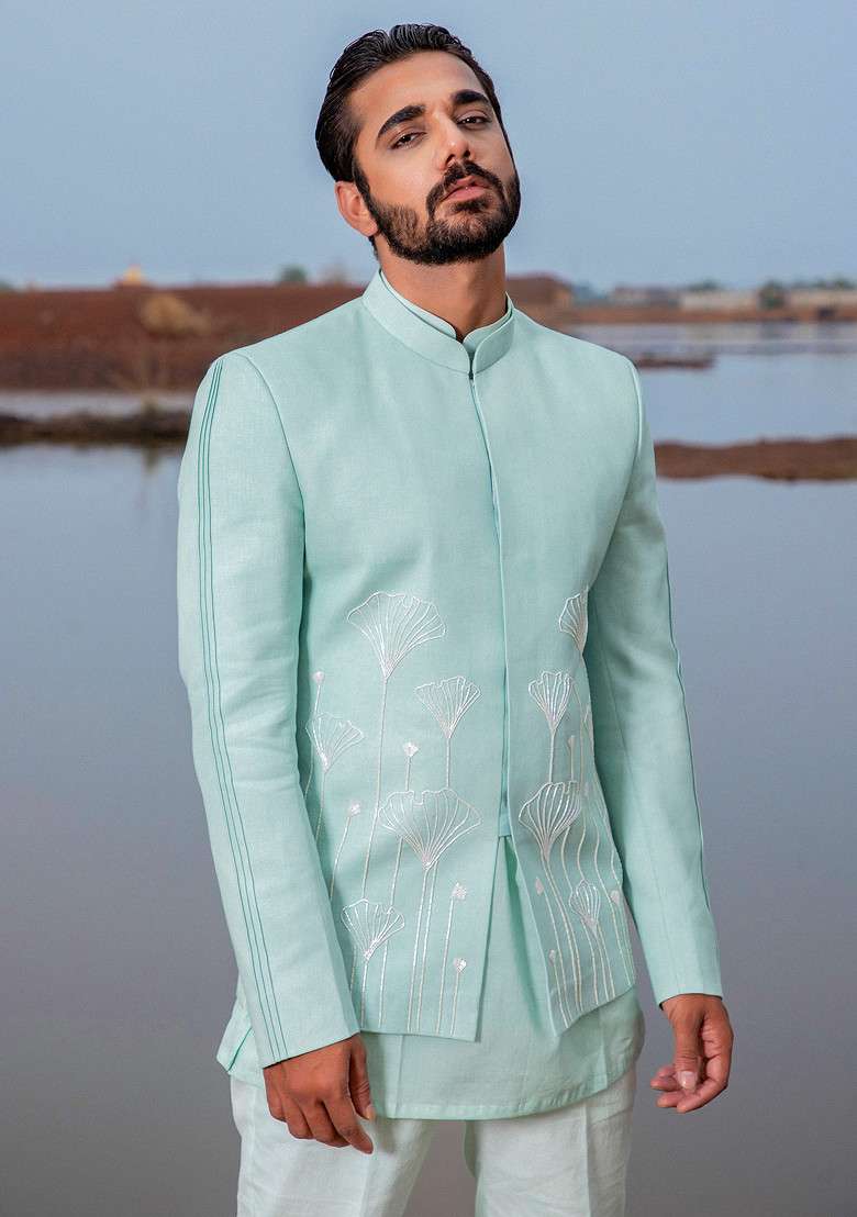 Powder Blue Hand Embroidered Jodhpuri Set For Men - Indya