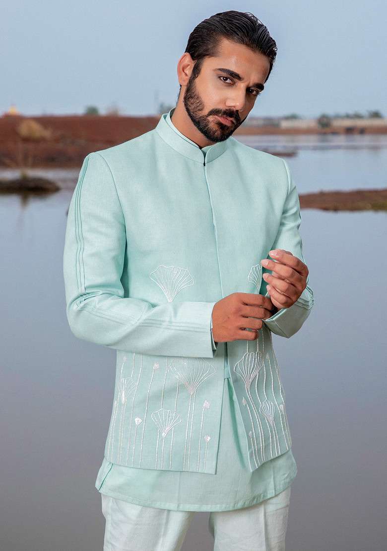 Powder Blue Hand Embroidered Jodhpuri Set For Men - Indya