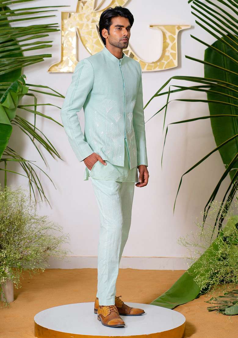 Powder Blue Hand Embroidered Jodhpuri Set For Men - Indya