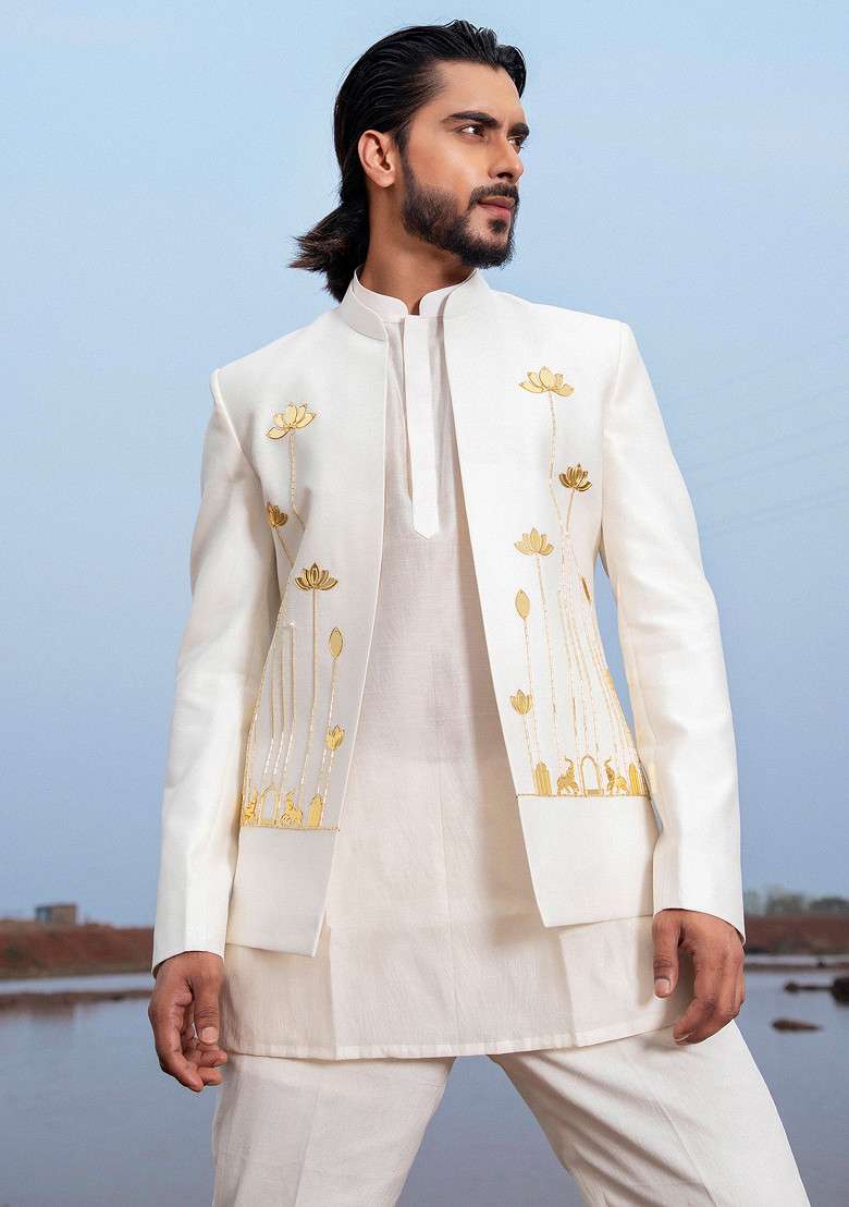 Ivory Cut Pipe Embellished Bloom Jodhpuri Set For Men - Indya