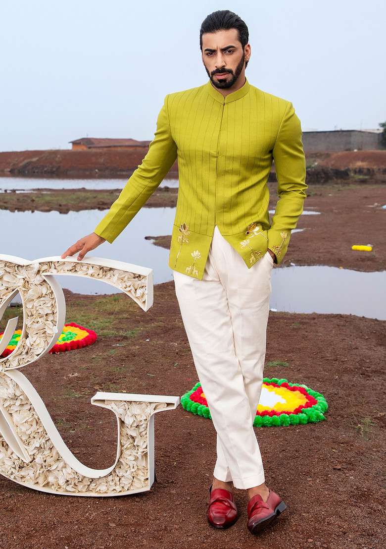 Green Cut Pipe Embellished Meadow Jodhpuri Set For Men - Indya