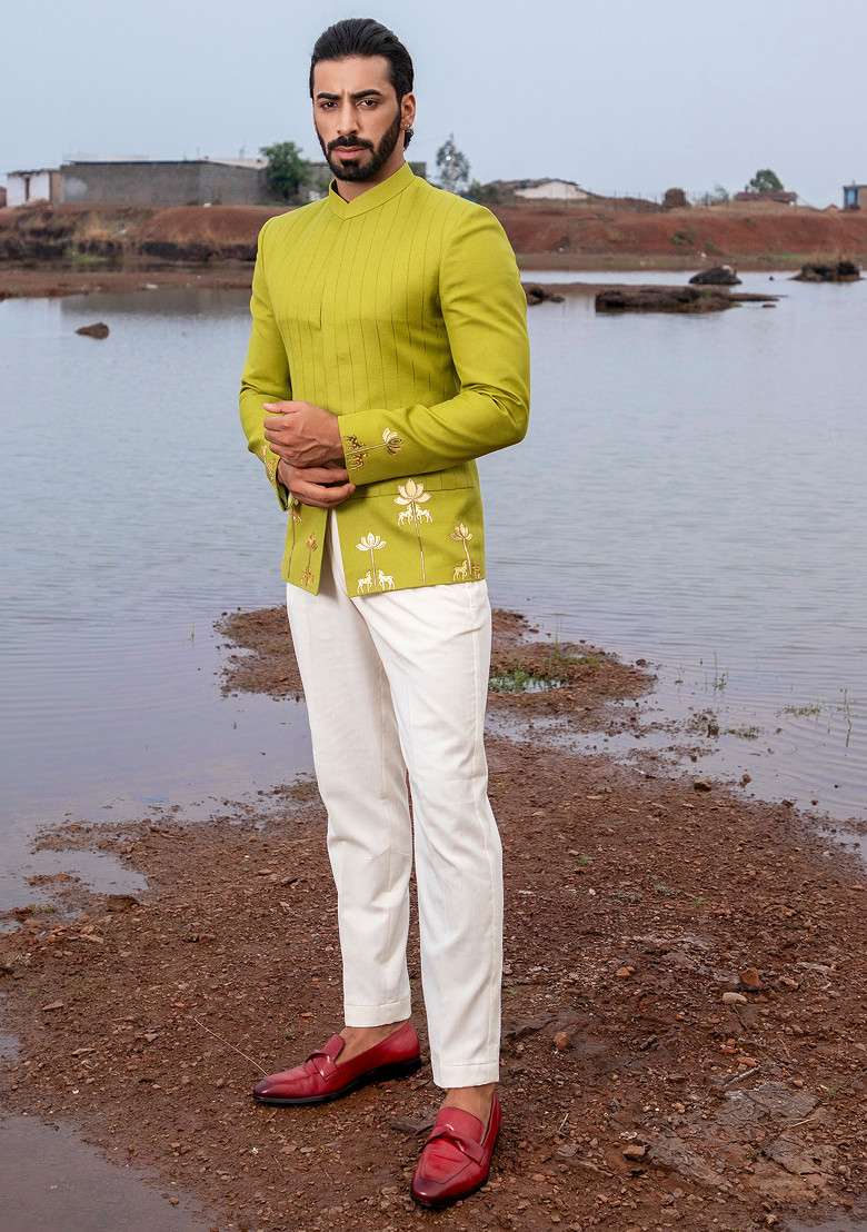 Green Cut Pipe Embellished Meadow Jodhpuri Set For Men - Indya