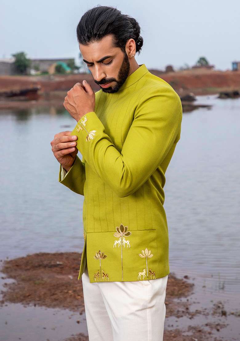 Green Cut Pipe Embellished Meadow Jodhpuri Set For Men - Indya