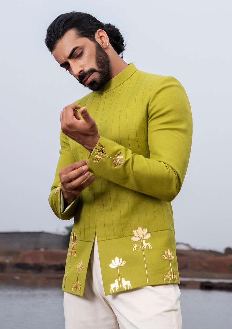 Green Cut Pipe Embellished Meadow Jodhpuri Set For Men - Indya