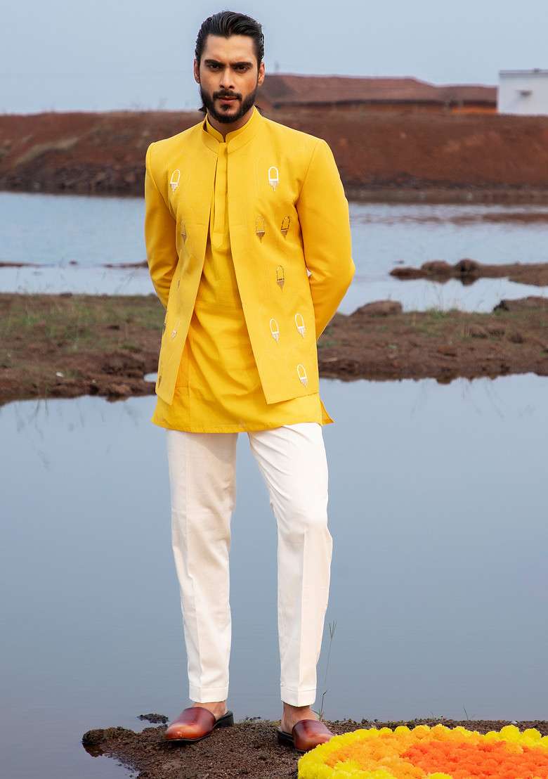 Yellow Cut Pipe Embellished Jodhpuri Set For Men - Indya
