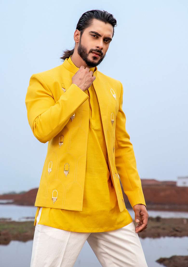 Yellow Cut Pipe Embellished Jodhpuri Set For Men - Indya