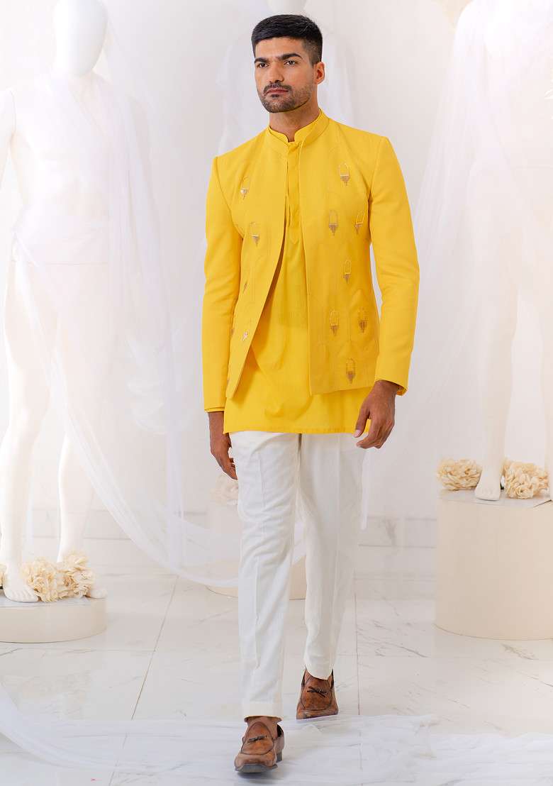 Yellow Cut Pipe Embellished Jodhpuri Set For Men - Indya