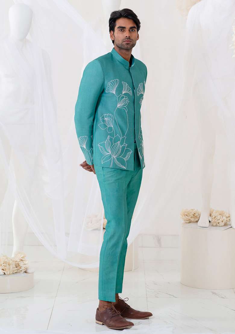 Aqua Blue Floral Motif Embroidered Jodhpuri Set For Men - Indya