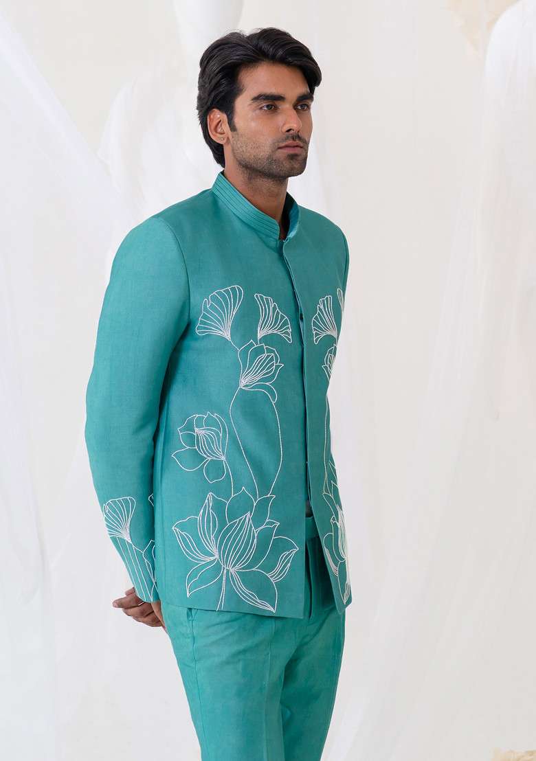 Aqua Blue Floral Motif Embroidered Jodhpuri Set For Men - Indya