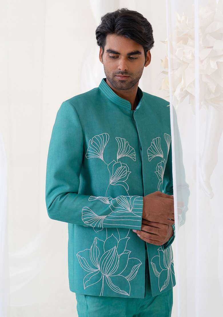Aqua Blue Floral Motif Embroidered Jodhpuri Set For Men - Indya