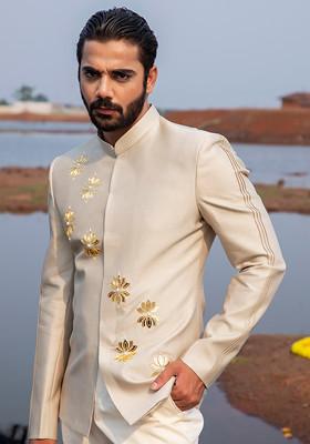 Grey Hand Embroidered Silk Jodhpuri Set For Men