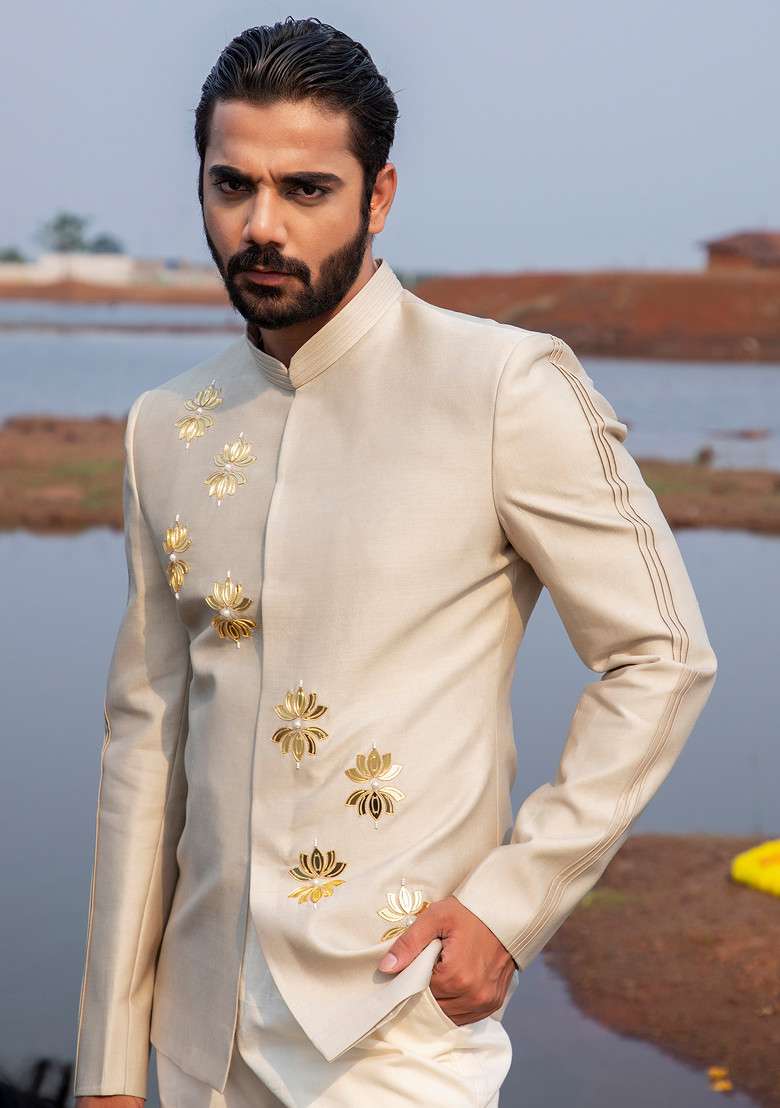 Grey Hand Embroidered Silk Blend Jodhpuri Set For Men - Indya