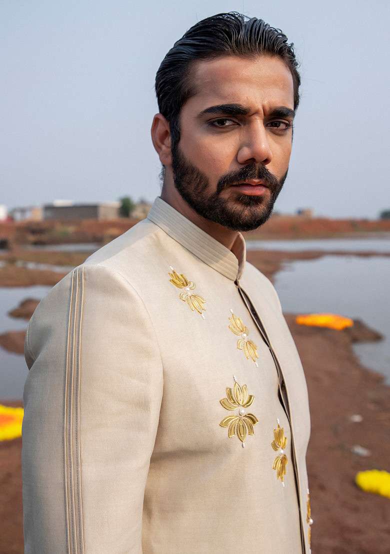 Grey Hand Embroidered Silk Blend Jodhpuri Set For Men - Indya