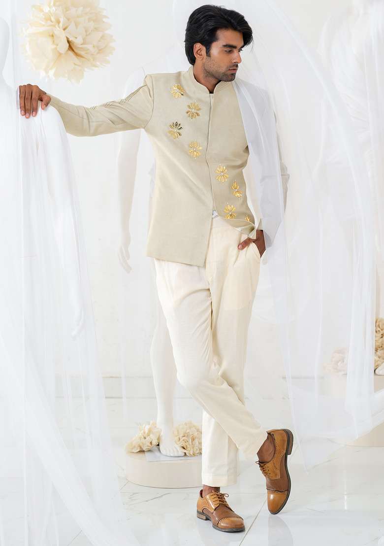 Grey Hand Embroidered Silk Blend Jodhpuri Set For Men - Indya