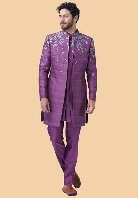 Lilac Floral Print Hand Embroidered Sherwani Set For Men