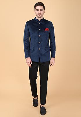 Navy Blue And Black Velvet Bandhgala Set For Men