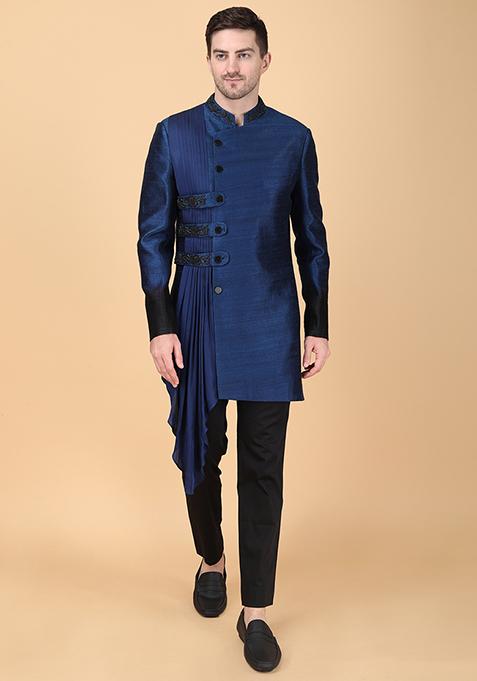 Teal Blue And Black Asymmetric Hand Embroidered Indowestern Bandhgala Set For Men