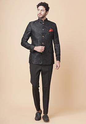 Black Jacquard Bandhgala Set For Men