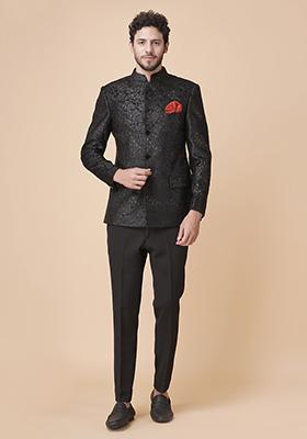 Black Embossed Print Bandhgala Set For Men