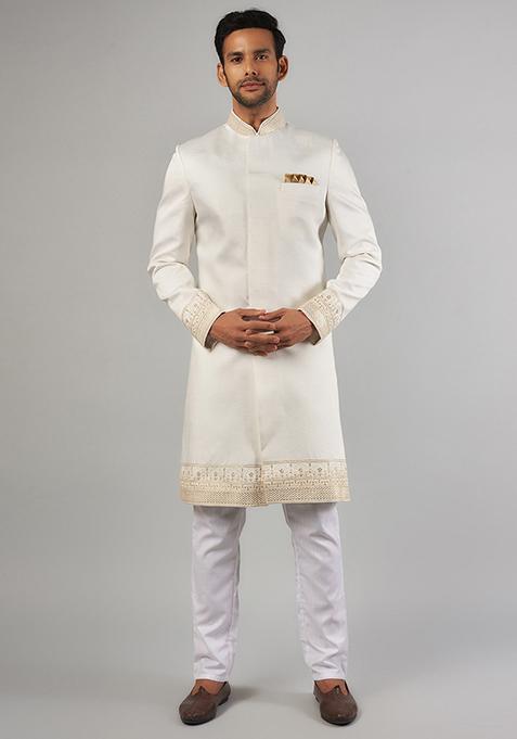 White Embroidered Cotton Silk Sherwani Set For Men