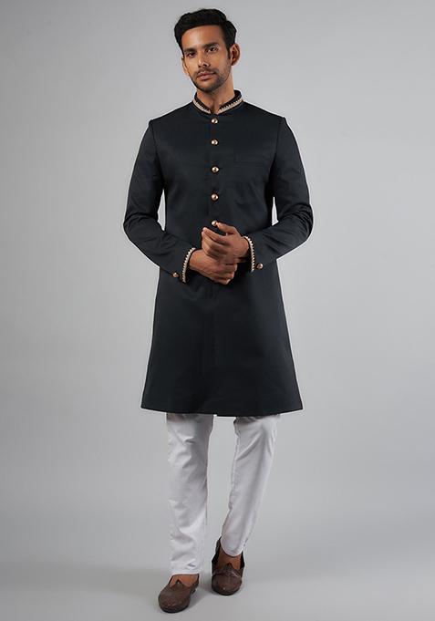 Dark Navy Jacquard Dupion Silk Sherwani Set For Men