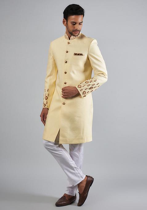 Cream Jacquard Embroidered Cotton Silk Sherwani Set For Men